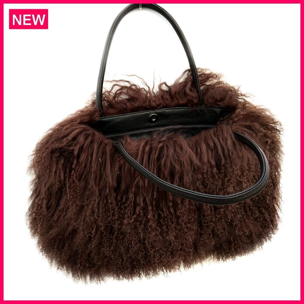 Real Lamb Fur Tote Bag with Leather Handles, Large Capacity